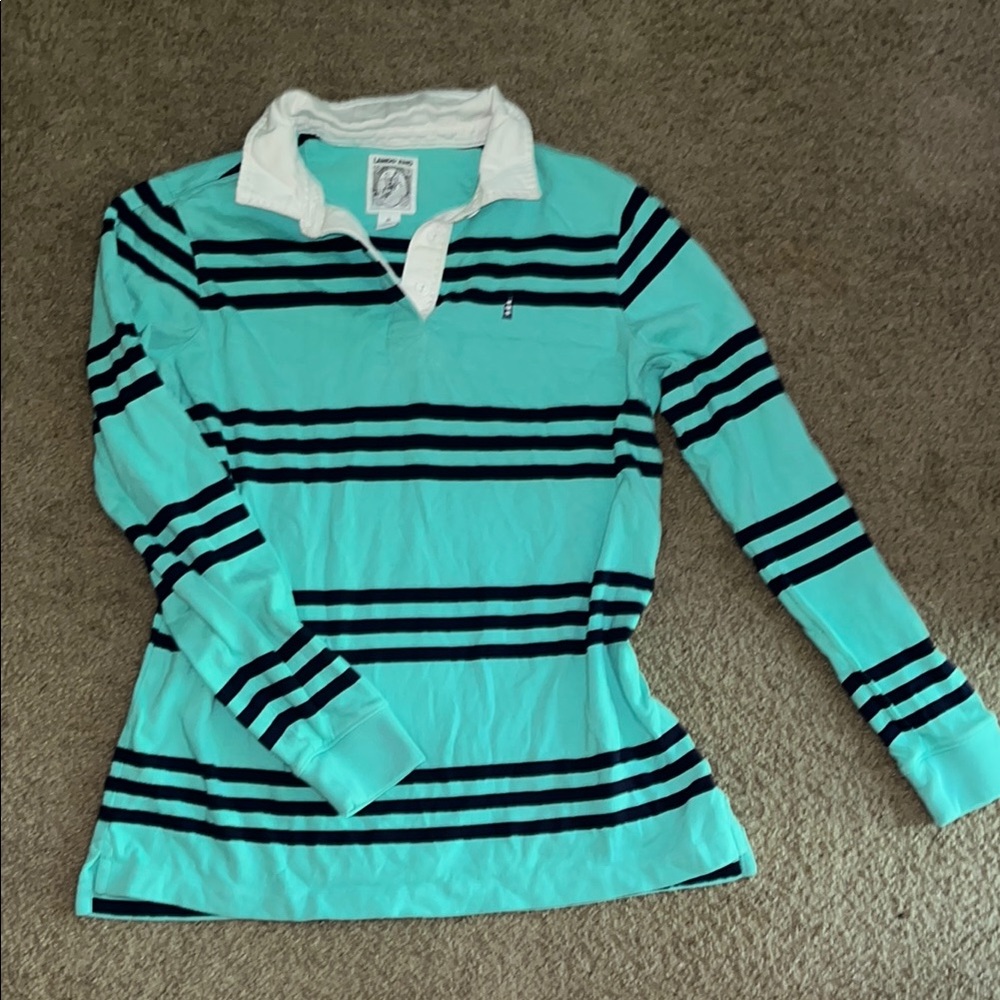Lands' End Teal and Navy Striped Rugby Polo